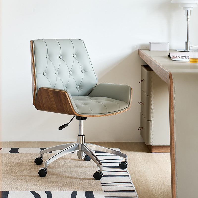 Contemporary Nordic Swivel Leather Wood Steel Square Desk Chair With Armrest And Backrest For Home Office Or Study