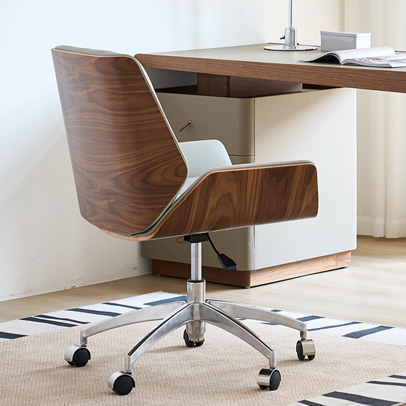 Contemporary Nordic Swivel Leather Wood Steel Square Desk Chair With Armrest And Backrest For Home Office Or Study