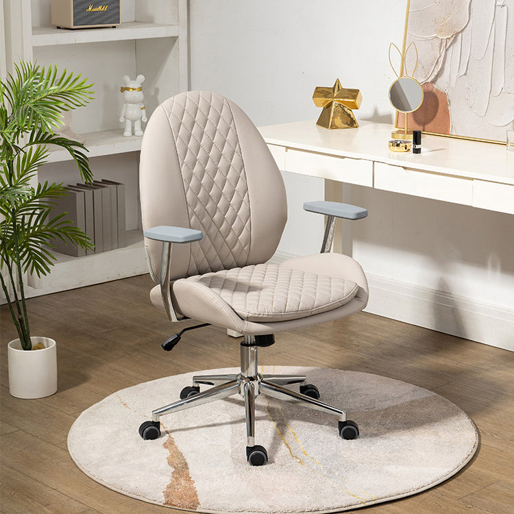 Contemporary Nordic PU Leather Steel Scallop Oval Vanity Stool With Backrest And Armrest For Bedroom