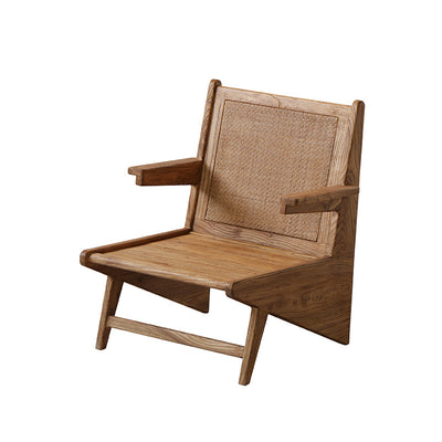 Traditional Japanese Weaving Weathered Wood & Rattan Accent Chair Lounge Chair With Backrest And Armrests For Balcony & Living Room Seating