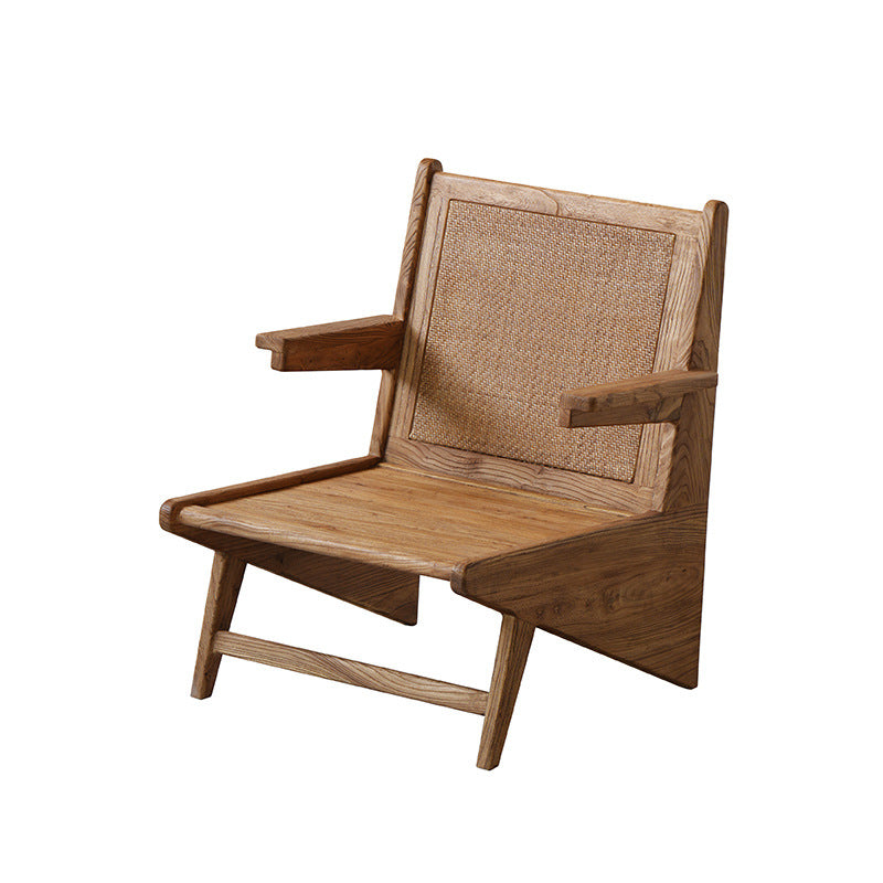 Traditional Japanese Weaving Weathered Wood & Rattan Accent Chair Lounge Chair With Backrest And Armrests For Balcony & Living Room Seating