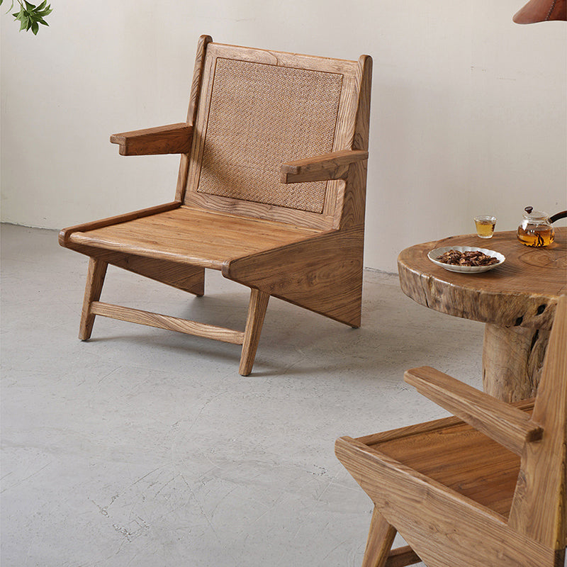 Silla de acento de ratán y madera envejecida tejida tradicional japonesa con respaldo y reposabrazos para balcón y sala de estar 