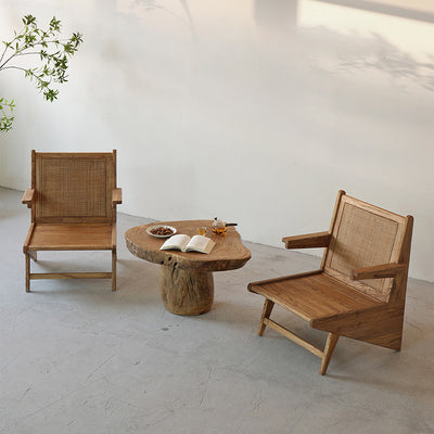 Traditional Japanese Weaving Weathered Wood & Rattan Accent Chair Lounge Chair With Backrest And Armrests For Balcony & Living Room Seating