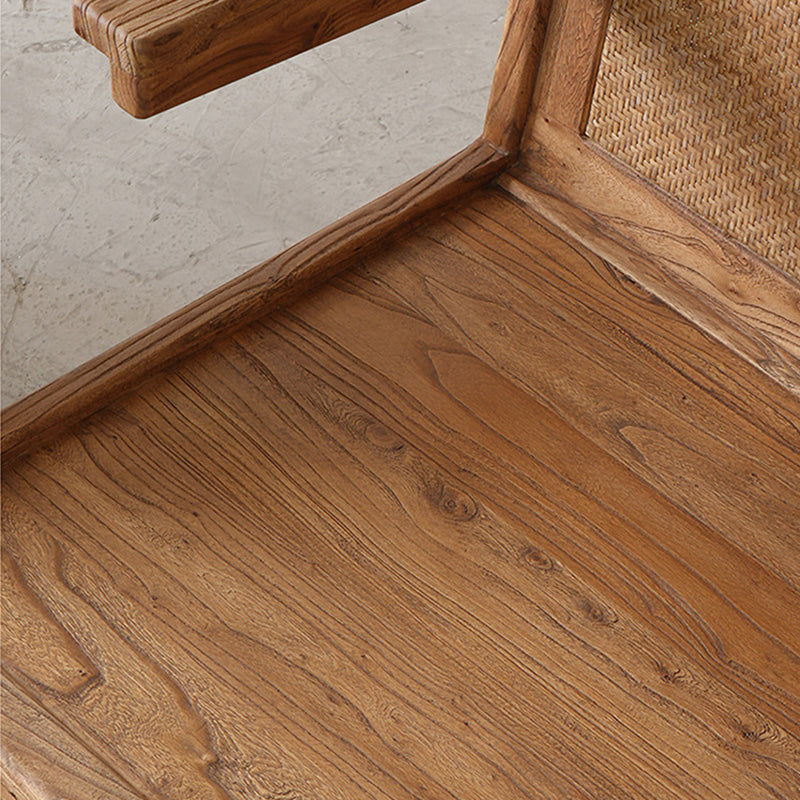 Silla de acento de ratán y madera envejecida tejida tradicional japonesa con respaldo y reposabrazos para balcón y sala de estar 