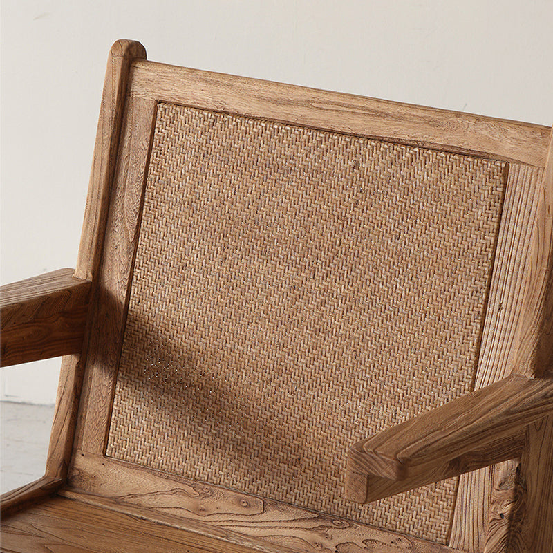 Silla de acento de ratán y madera envejecida tejida tradicional japonesa con respaldo y reposabrazos para balcón y sala de estar 