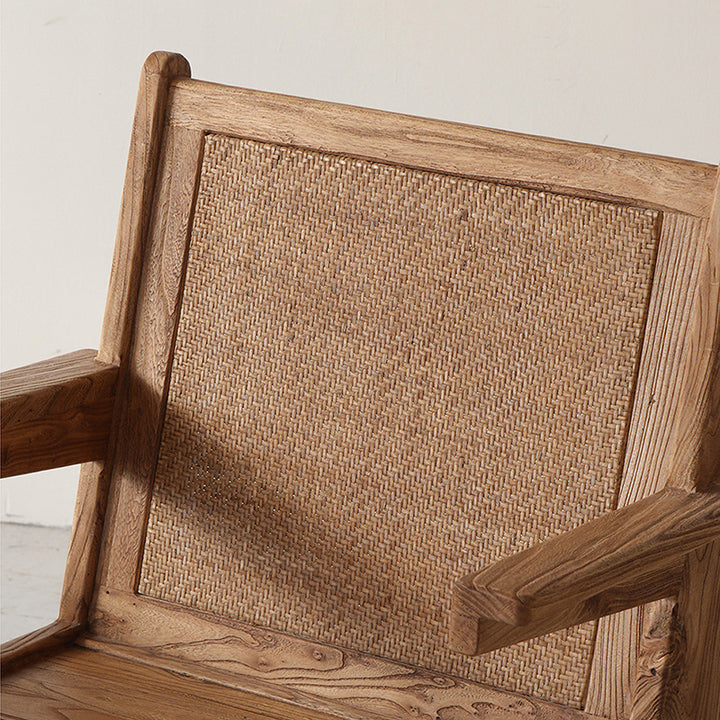 Silla de acento de ratán y madera envejecida tejida tradicional japonesa con respaldo y reposabrazos para balcón y sala de estar 