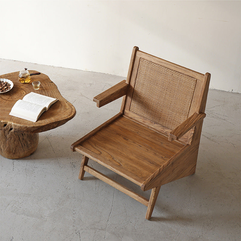 Traditional Japanese Weaving Weathered Wood & Rattan Accent Chair Lounge Chair With Backrest And Armrests For Balcony & Living Room Seating