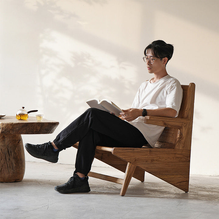 Silla de acento de ratán y madera envejecida tejida tradicional japonesa con respaldo y reposabrazos para balcón y sala de estar 