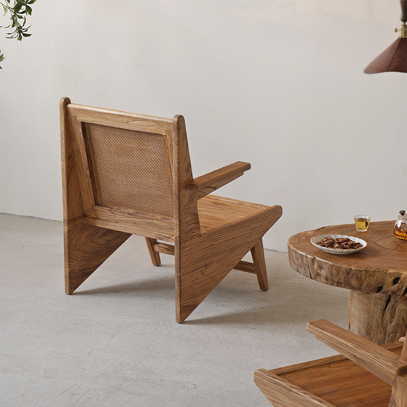 Silla de acento de ratán y madera envejecida tejida tradicional japonesa con respaldo y reposabrazos para balcón y sala de estar 
