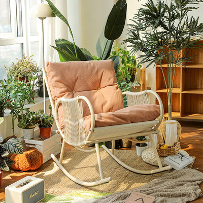 Traditional Farmhouse Weaving Corduroy & Fabric PE Carbon Steel Curved Rocking Chair With Backrest & Armrests For Balcony & Living Room