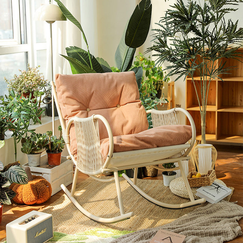 Traditional Farmhouse Weaving Corduroy & Fabric PE Carbon Steel Curved Rocking Chair With Backrest & Armrests For Balcony & Living Room