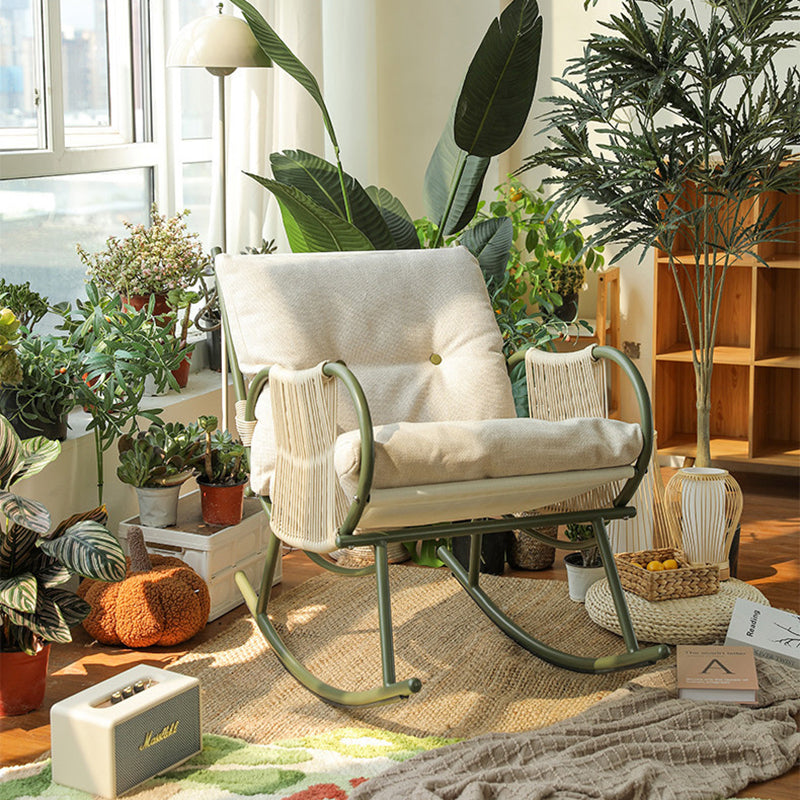 Traditional Farmhouse Weaving Corduroy & Fabric PE Carbon Steel Curved Rocking Chair With Backrest & Armrests For Balcony & Living Room