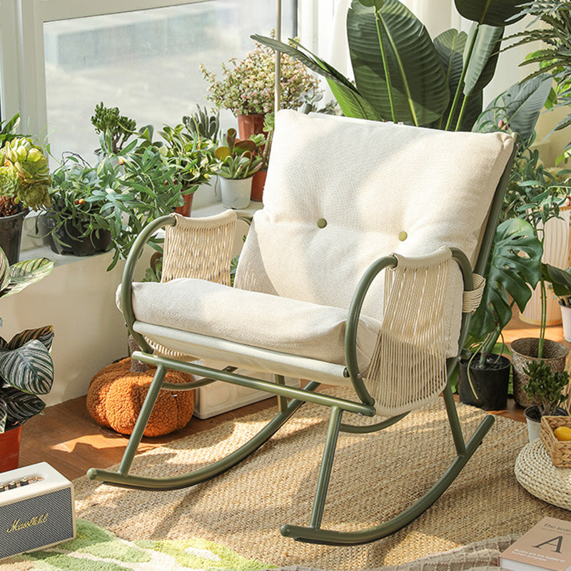 Traditional Farmhouse Weaving Corduroy & Fabric PE Carbon Steel Curved Rocking Chair With Backrest & Armrests For Balcony & Living Room