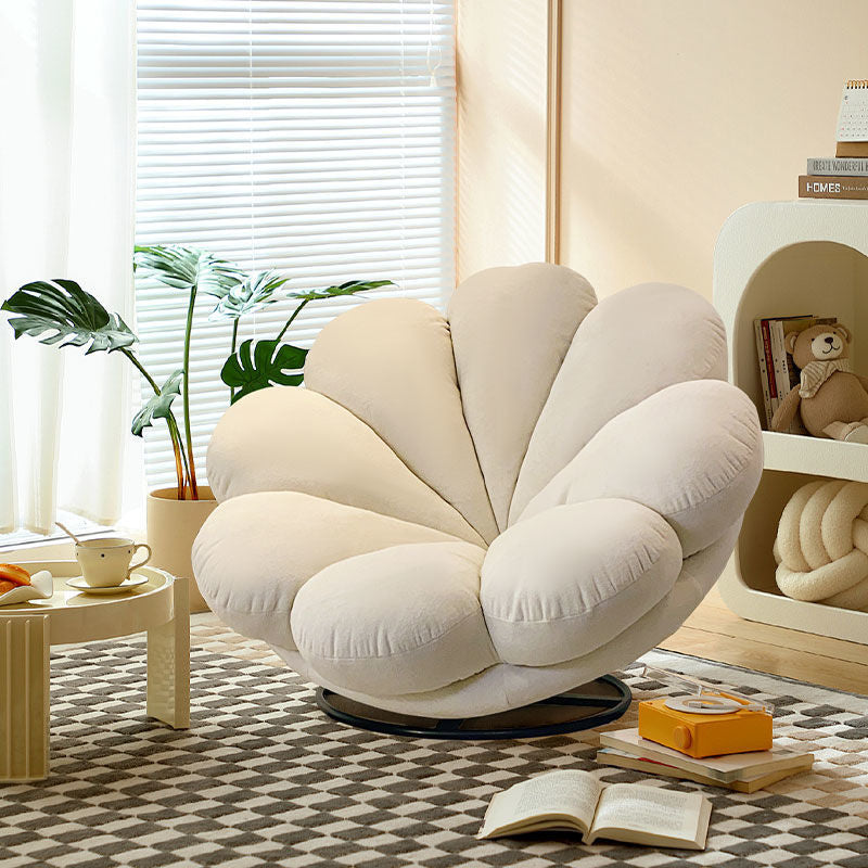 Moderner skandinavischer Dreh-Loungesessel in Blütenblattform aus Teddy-Fleece und Stahl mit Rückenlehne &amp; Fußstütze für Wohnzimmer &amp; Schlafzimmer 