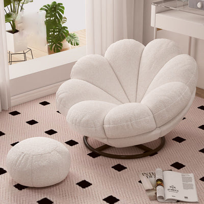 Contemporary Nordic Lambswool Carbon Steel Petal-Shaped Swivel Lounge Chair With Backrest & Footrest For Living Room & Bedroom