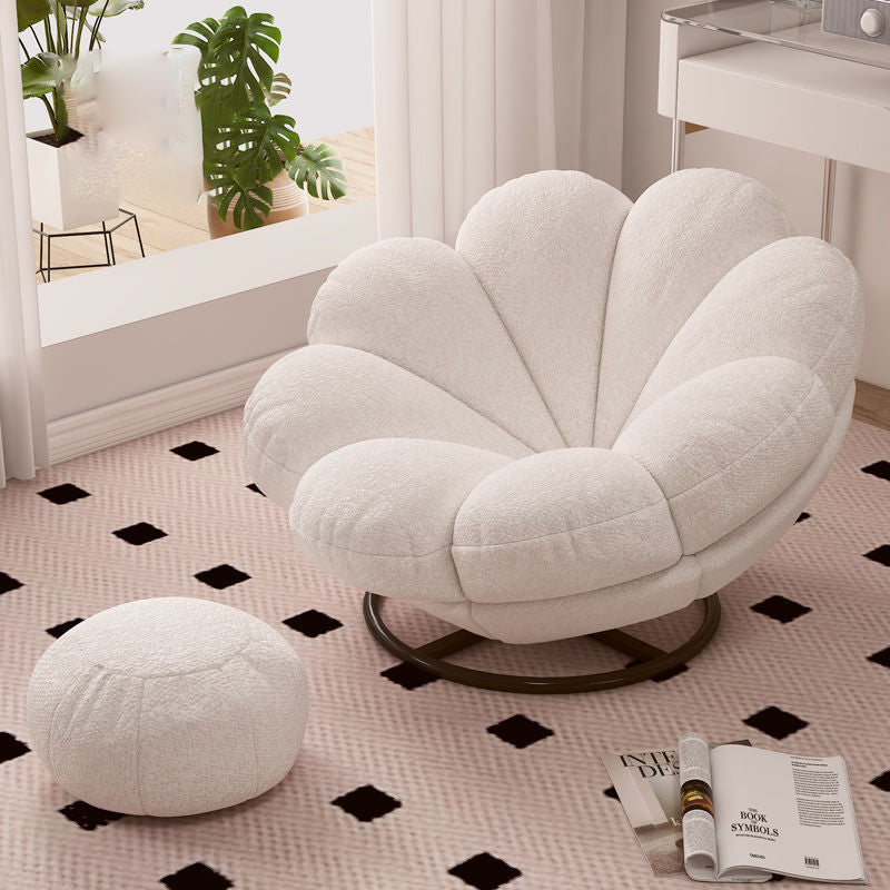 Contemporary Nordic Lambswool Carbon Steel Petal-Shaped Swivel Lounge Chair With Backrest & Footrest For Living Room & Bedroom