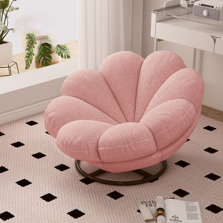 Moderner skandinavischer Dreh-Loungesessel in Blütenblattform aus Teddy-Fleece und Stahl mit Rückenlehne &amp; Fußstütze für Wohnzimmer &amp; Schlafzimmer 