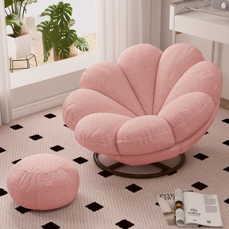 Contemporary Nordic Lambswool Carbon Steel Petal-Shaped Swivel Lounge Chair With Backrest & Footrest For Living Room & Bedroom