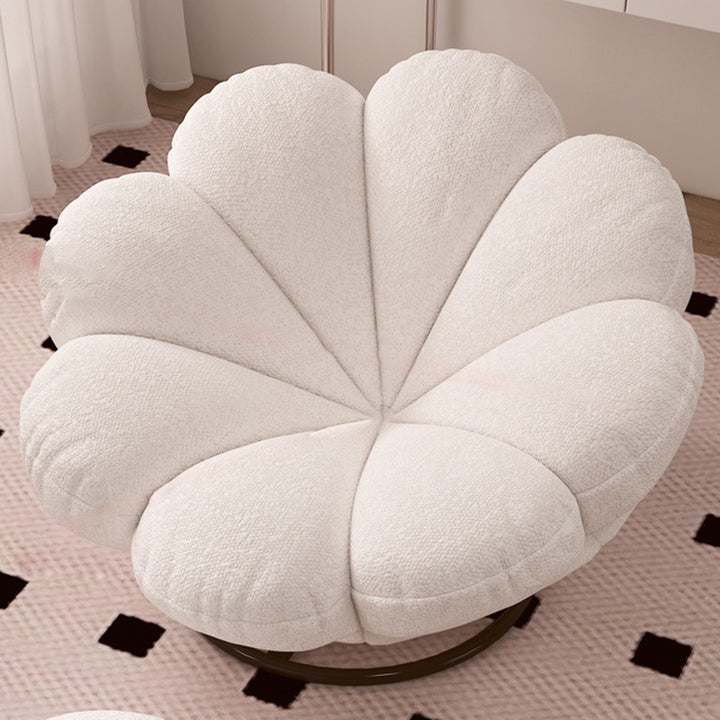 Moderner skandinavischer Dreh-Loungesessel in Blütenblattform aus Teddy-Fleece und Stahl mit Rückenlehne &amp; Fußstütze für Wohnzimmer &amp; Schlafzimmer 