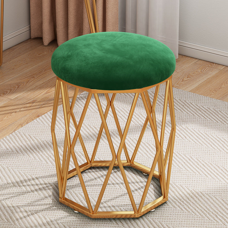 Contemporary Nordic Iron Velvet & Tech Fabric Round Vanity Stool With Diamond Legs For Bedroom
