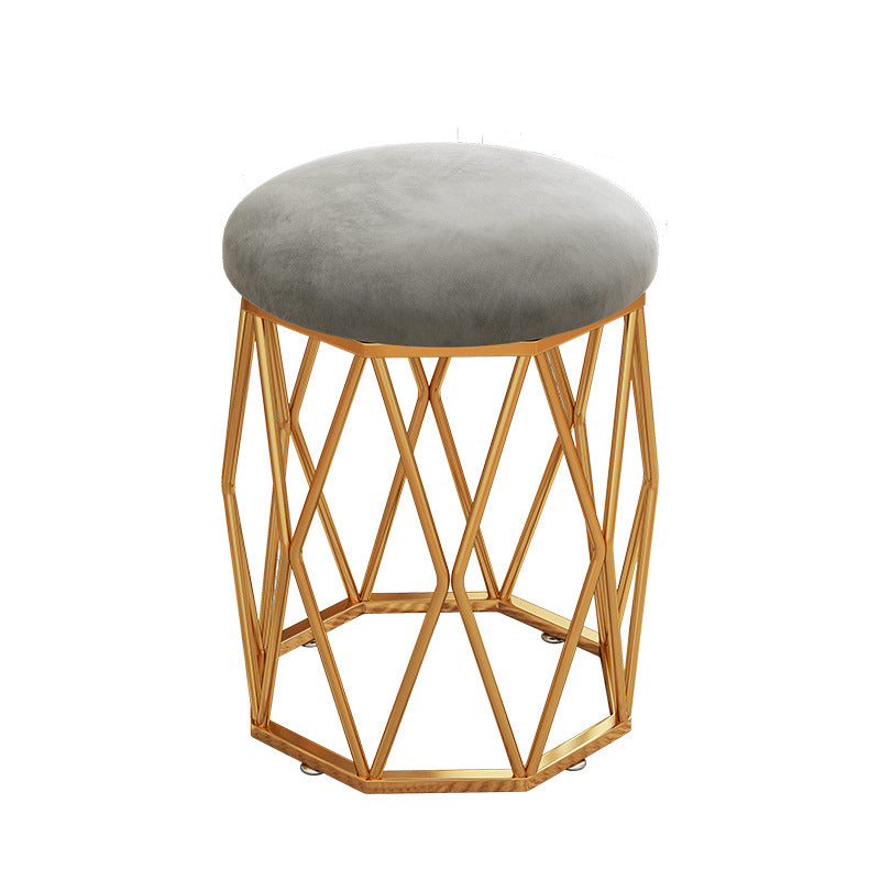 Contemporary Nordic Iron Velvet & Tech Fabric Round Vanity Stool With Diamond Legs For Bedroom
