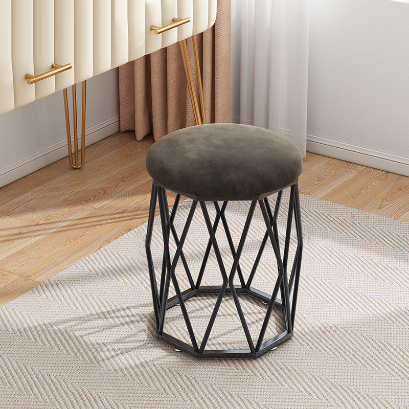 Contemporary Nordic Iron Velvet & Tech Fabric Round Vanity Stool With Diamond Legs For Bedroom