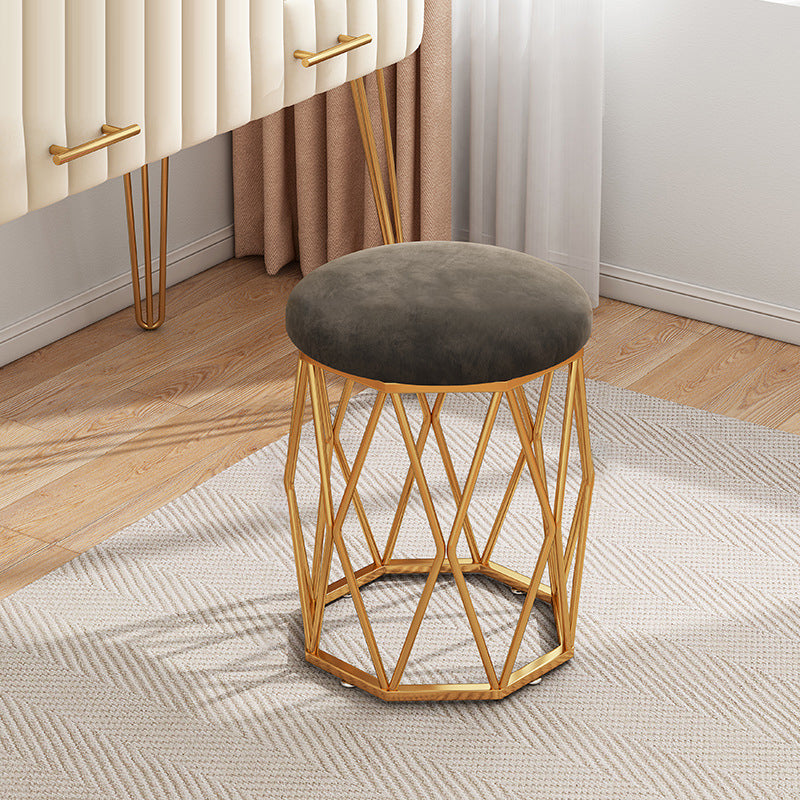 Contemporary Nordic Iron Velvet & Tech Fabric Round Vanity Stool With Diamond Legs For Bedroom