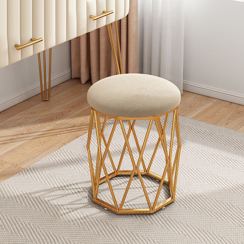 Contemporary Nordic Iron Velvet & Tech Fabric Round Vanity Stool With Diamond Legs For Bedroom