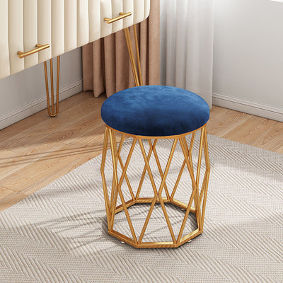 Contemporary Nordic Iron Velvet & Tech Fabric Round Vanity Stool With Diamond Legs For Bedroom