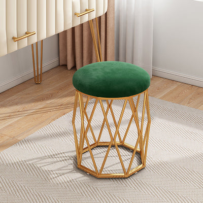 Contemporary Nordic Iron Velvet & Tech Fabric Round Vanity Stool With Diamond Legs For Bedroom