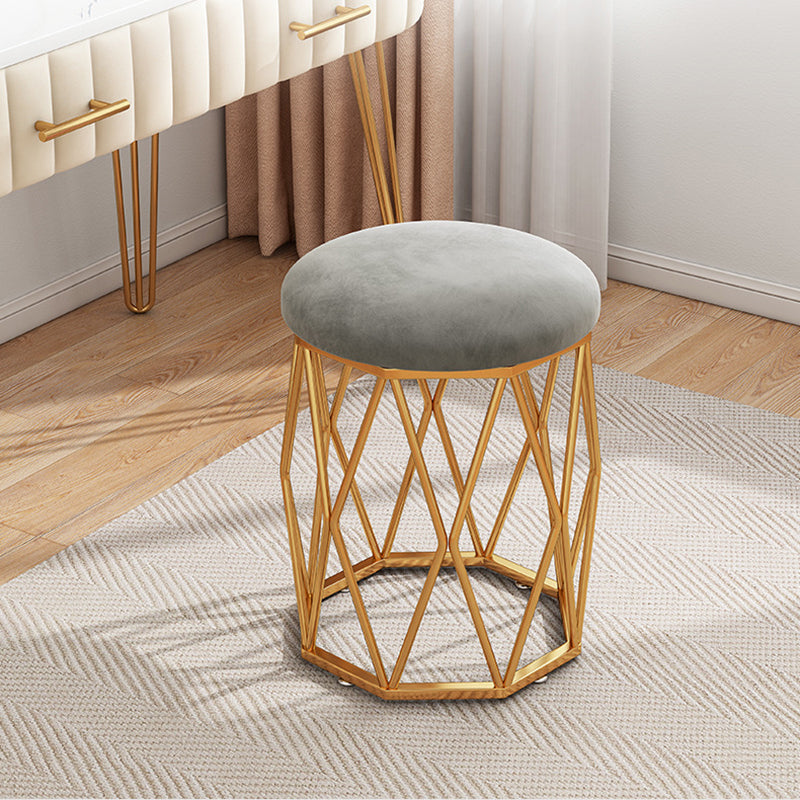 Contemporary Nordic Iron Velvet & Tech Fabric Round Vanity Stool With Diamond Legs For Bedroom