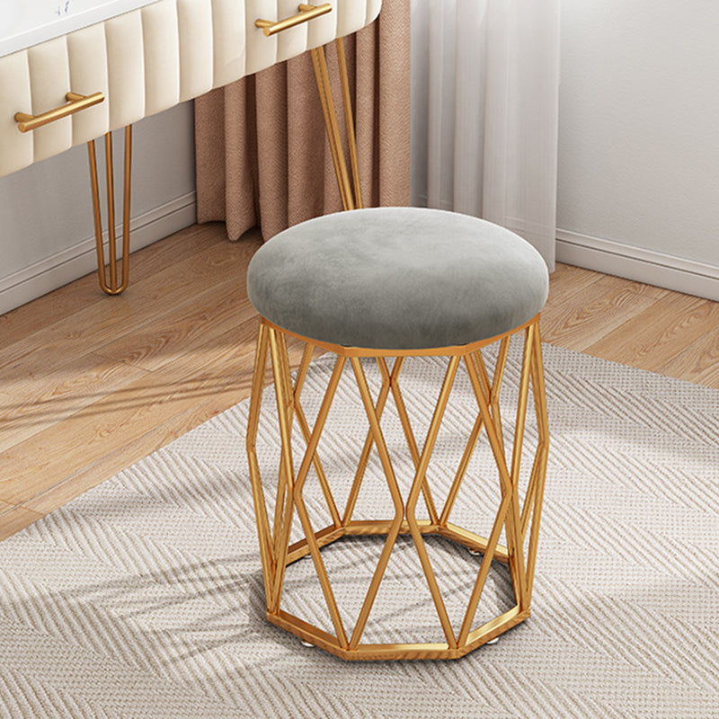 Contemporary Nordic Iron Velvet & Tech Fabric Round Vanity Stool With Diamond Legs For Bedroom