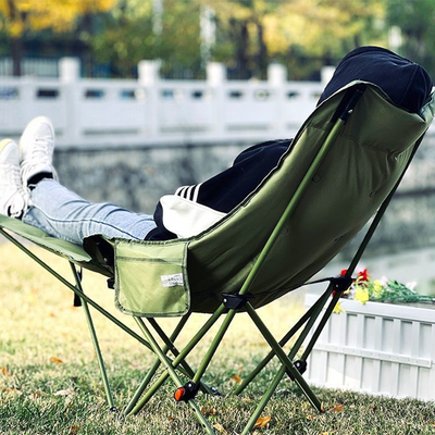 Modern Minimalist Fabric & Carbon Steel Moon Foldable Camping Recliner Footrest & Backrest For Outdoor Patio