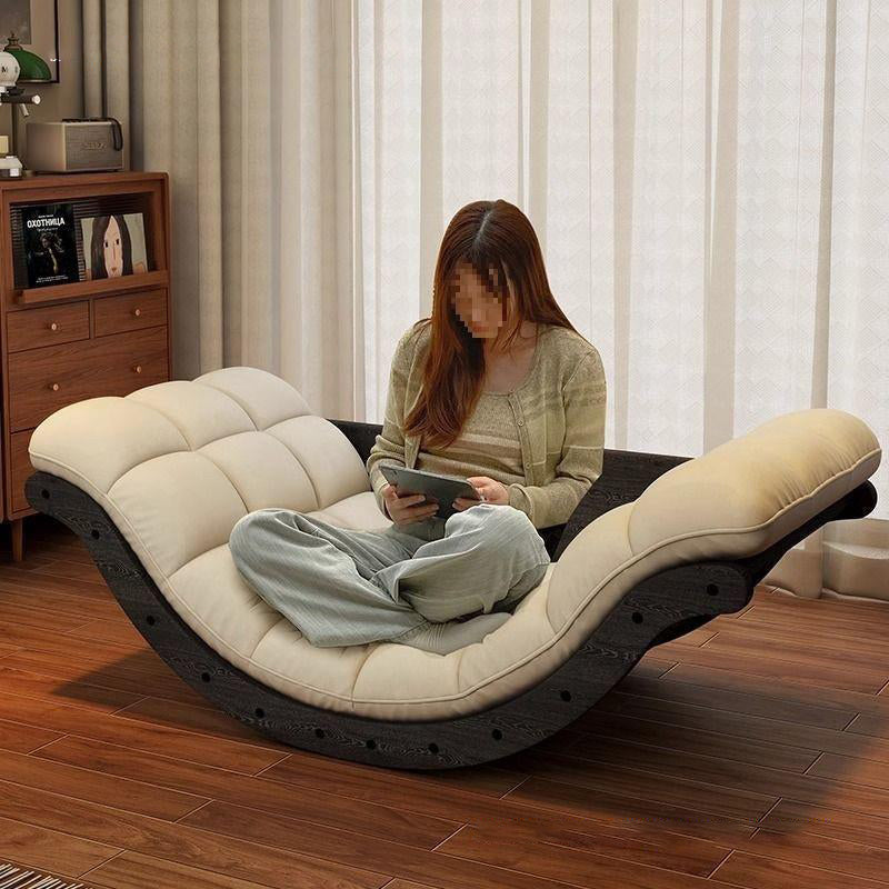 Contemporary Nordic Leather Cotton-Linen & Wood Moon Boat Rocking Chair Recliner With Backrest For Living Room & Bedroom