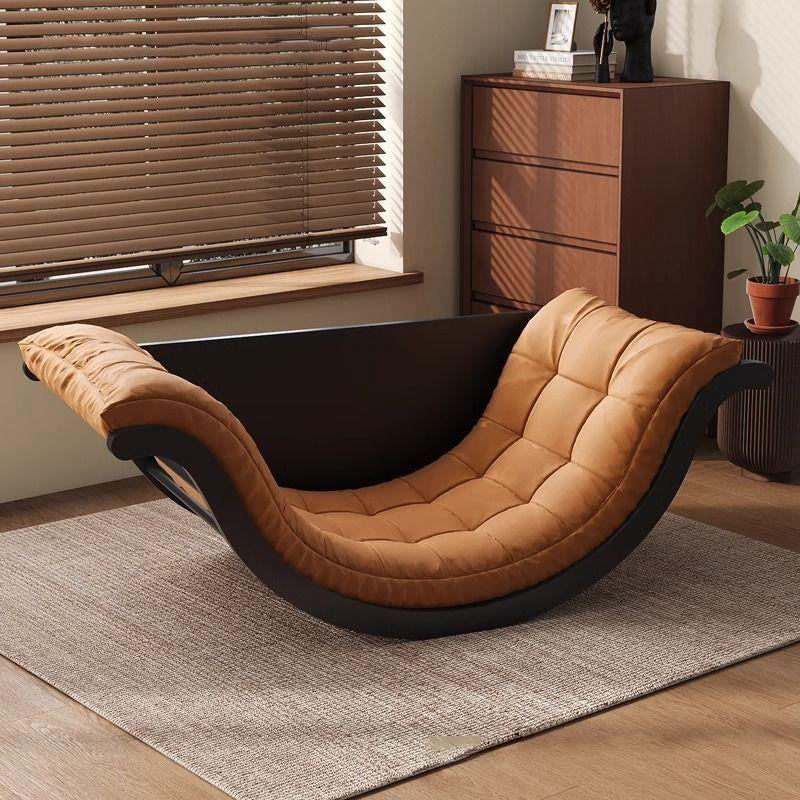 Contemporary Nordic Leather Cotton-Linen & Wood Moon Boat Rocking Chair Recliner With Backrest For Living Room & Bedroom