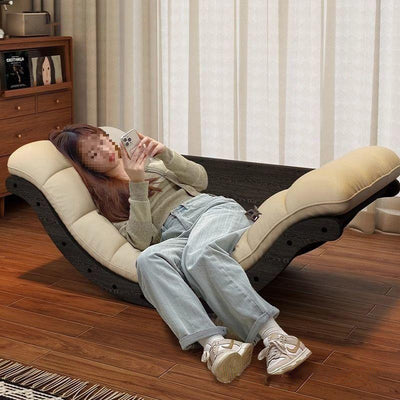 Contemporary Nordic Leather Cotton-Linen & Wood Moon Boat Rocking Chair Recliner With Backrest For Living Room & Bedroom