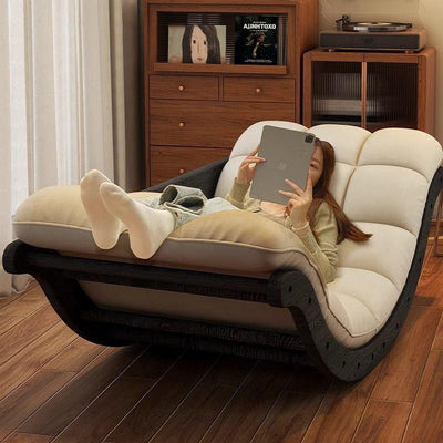 Contemporary Nordic Leather Cotton-Linen & Wood Moon Boat Rocking Chair Recliner With Backrest For Living Room & Bedroom