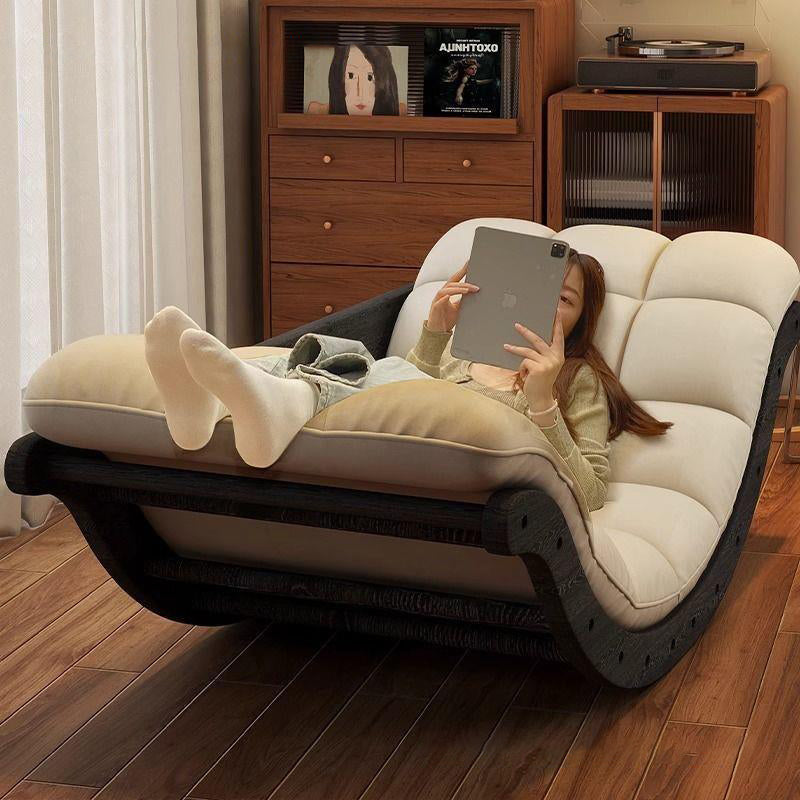 Contemporary Nordic Leather Cotton-Linen & Wood Moon Boat Rocking Chair Recliner With Backrest For Living Room & Bedroom