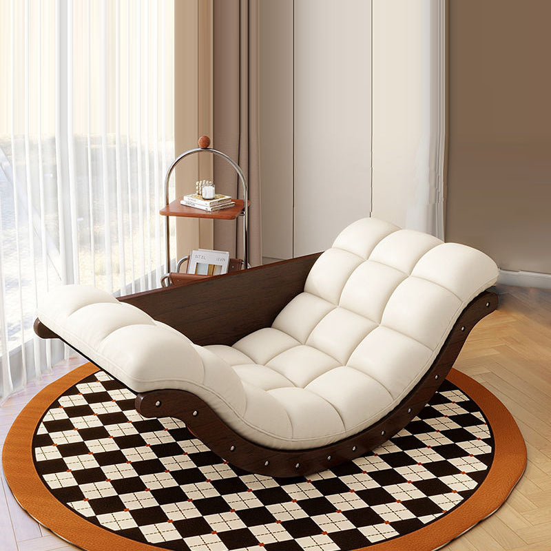 Contemporary Nordic Leather Cotton-Linen & Wood Moon Boat Rocking Chair Recliner With Backrest For Living Room & Bedroom