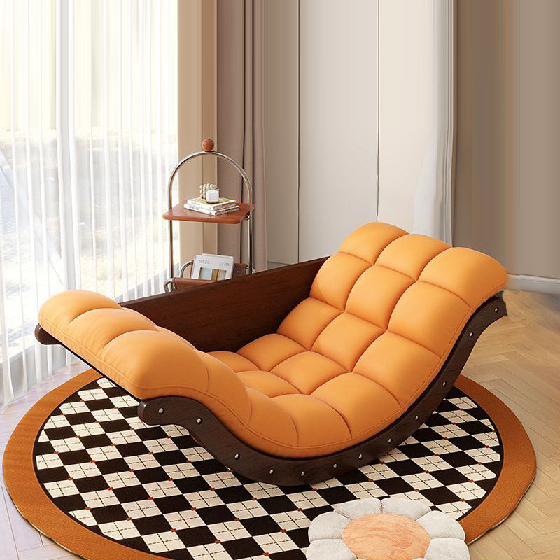 Contemporary Nordic Leather Cotton-Linen & Wood Moon Boat Rocking Chair Recliner With Backrest For Living Room & Bedroom