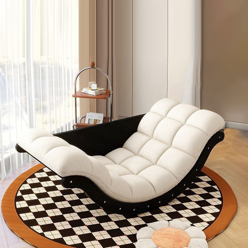 Contemporary Nordic Leather Cotton-Linen & Wood Moon Boat Rocking Chair Recliner With Backrest For Living Room & Bedroom