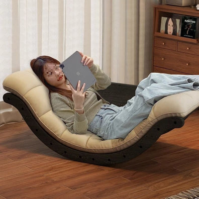 Contemporary Nordic Leather Cotton-Linen & Wood Moon Boat Rocking Chair Recliner With Backrest For Living Room & Bedroom