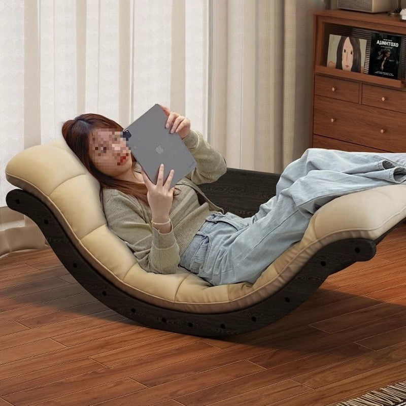 Contemporary Nordic Leather Cotton-Linen & Wood Moon Boat Rocking Chair Recliner With Backrest For Living Room & Bedroom
