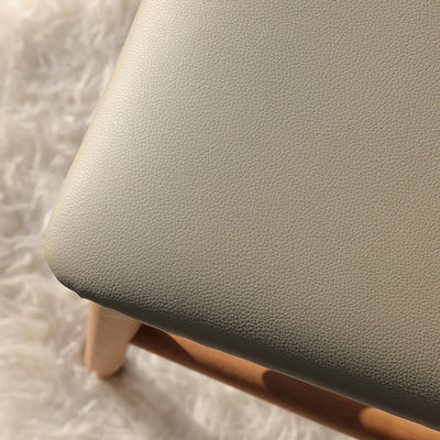 Contemporary Nordic Oak Leather Square Vanity Stool With Backrest & Footrest For Bedroom & Dining Room