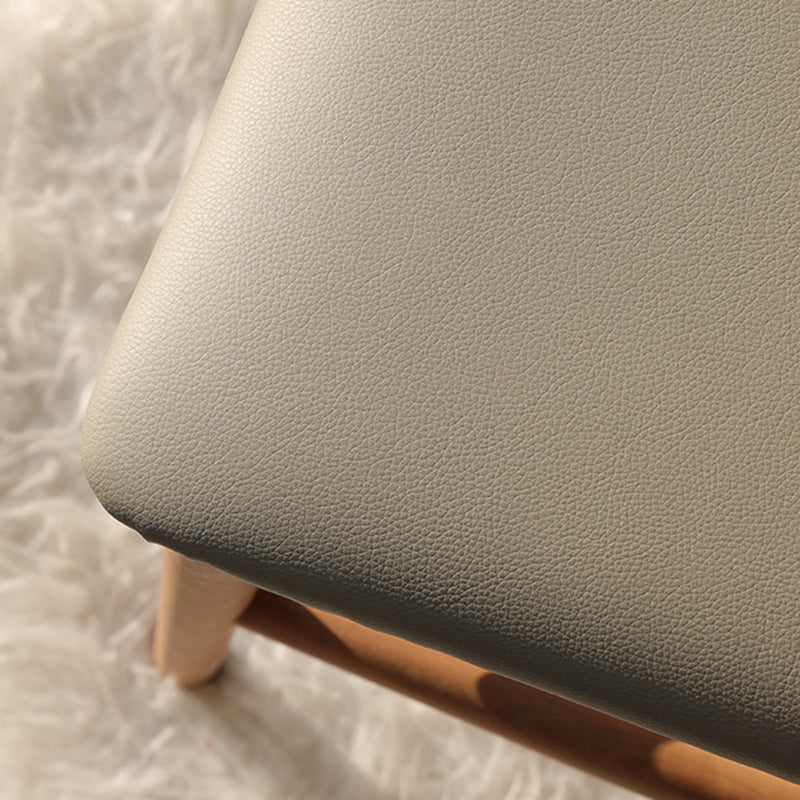 Contemporary Nordic Oak Leather Square Vanity Stool With Backrest & Footrest For Bedroom & Dining Room