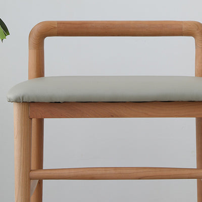 Contemporary Nordic Oak Leather Square Vanity Stool With Backrest & Footrest For Bedroom & Dining Room