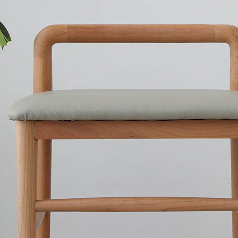 Contemporary Nordic Oak Leather Square Vanity Stool With Backrest & Footrest For Bedroom & Dining Room