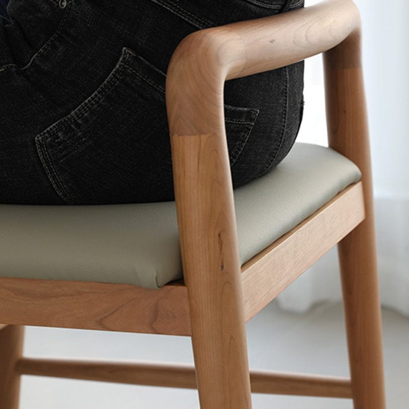 Contemporary Nordic Oak Leather Square Vanity Stool With Backrest & Footrest For Bedroom & Dining Room