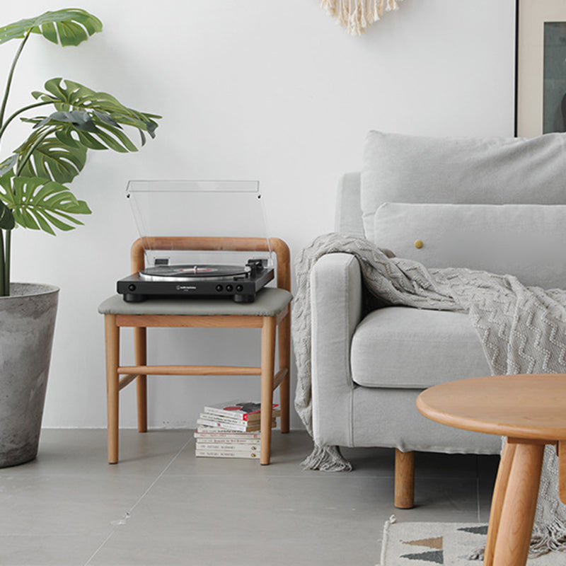 Contemporary Nordic Oak Leather Square Vanity Stool With Backrest & Footrest For Bedroom & Dining Room