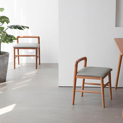 Contemporary Nordic Oak Leather Square Vanity Stool With Backrest & Footrest For Bedroom & Dining Room